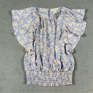 Monteau Women’s Blue Floral Flutter Sleeve Blouse with Smocked Waist, size M